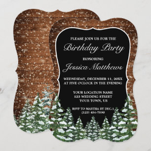 Bracket Black Snowy Wood & Forest Pine Birthday Invitation