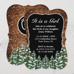 Bracket Snowy Wood & Forest Baby Girl Birth Invitation