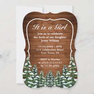 Bracket Snowy Wood & Forest Baby Girl Birth Invitation