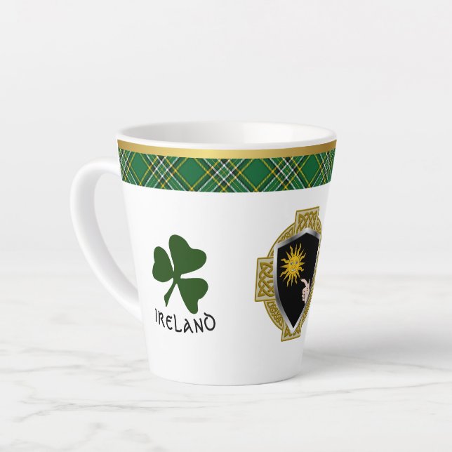 Brady Irish Shield & Tartan Personalised Latte Mug (Left Angle)