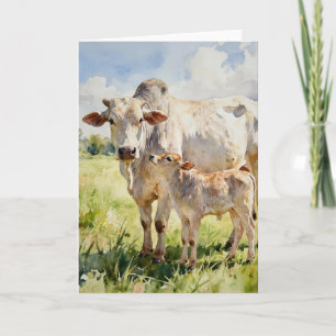 Brahman Cow And Calf In Watercolors Card