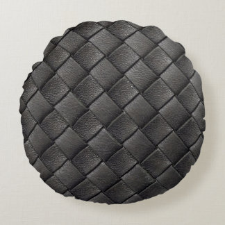 Braided Black Leather: Vintage Texture Round Cushion