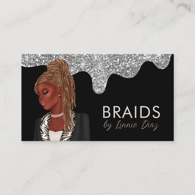 Braiding Salon Beauty Silver Faux Glitter  Business Card (Front)