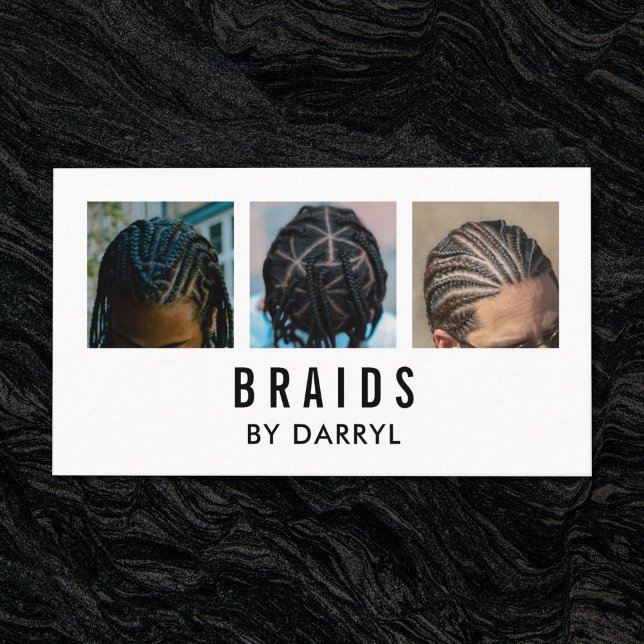 Braids Braiding Loctician Photo Afro Hair Stylist Business Card (A braids business card with a 3 photo design. )