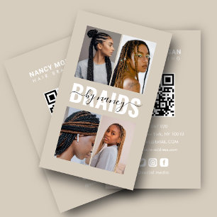 Braids Calligraphy Script Photo Collage Beige Business Card