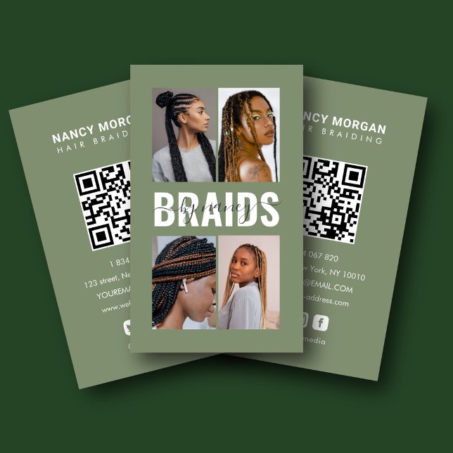 Braids Calligraphy Script Photo Collage Sage Green Business Card (Creator Uploaded)