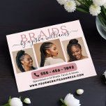Braids Photo Collage Hairstylist<br><div class="desc">Modern Monogram Braids Hairstylist Business flyer, designed with a chic and professional touch. This flyer features the word "BRAIDS" in stylish capital typography, complemented by your name in an elegant handwritten font. Showcase your expertise with 4 sample photos of your braided hairstyles on a soft blush pink and black background....</div>