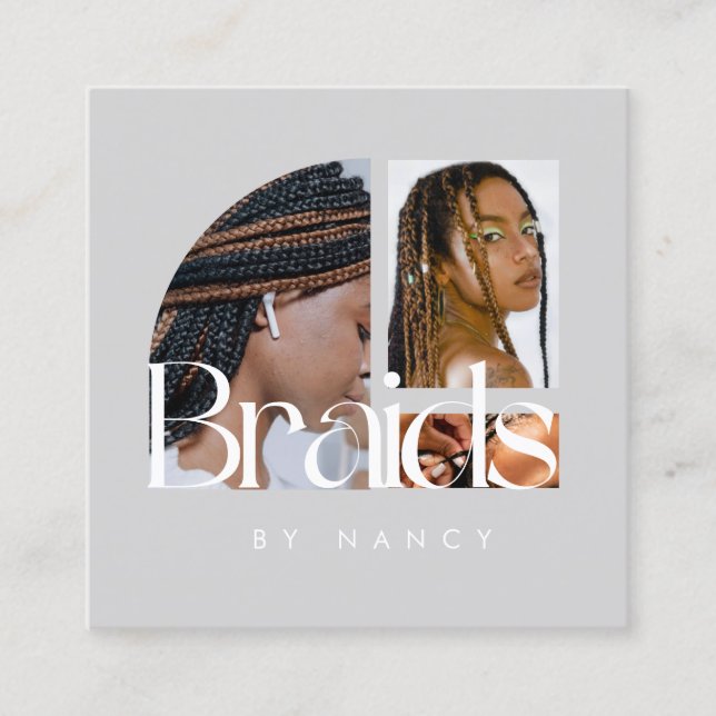 Braids Photo Collage Light Grey Square Business Card (Front)