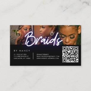 Braids Purple Neon 3 Photo Collage QR Code Business Card