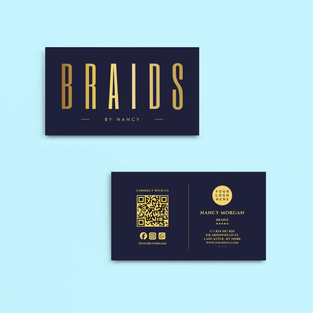 Braids QR Code & Logo Navy And Gold Business Card (Creator Uploaded)