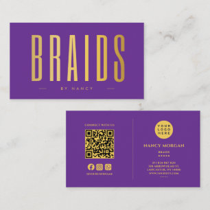 Braids QR Code & Logo Purple And Gold Business Card