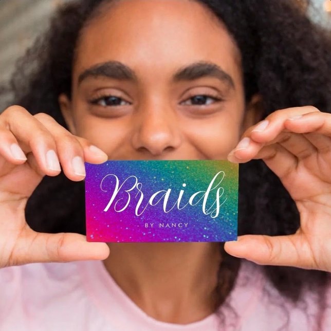 Braids Typography Rainbow Glitter Sparkle  Business Card (Creator Uploaded)