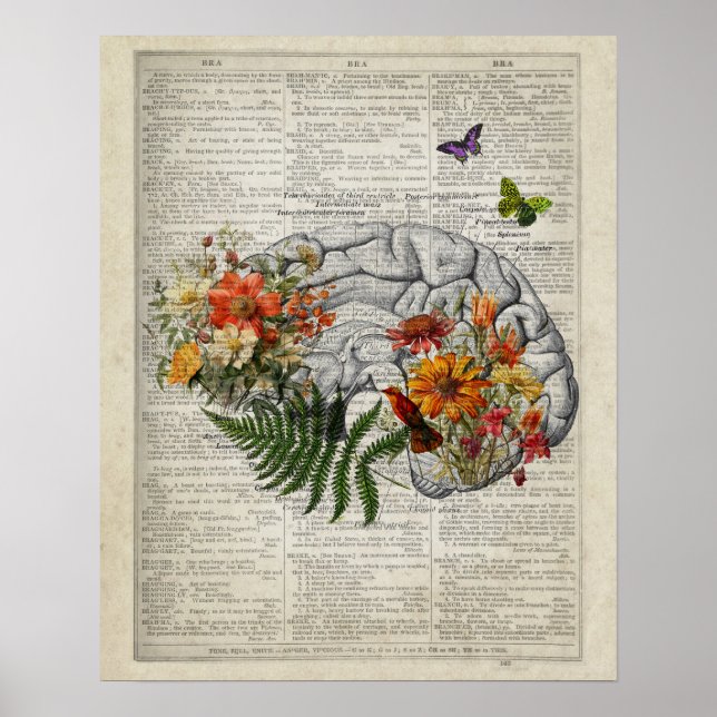 Brain Anatomy with Flowers and Butterflies  Poster (Front)
