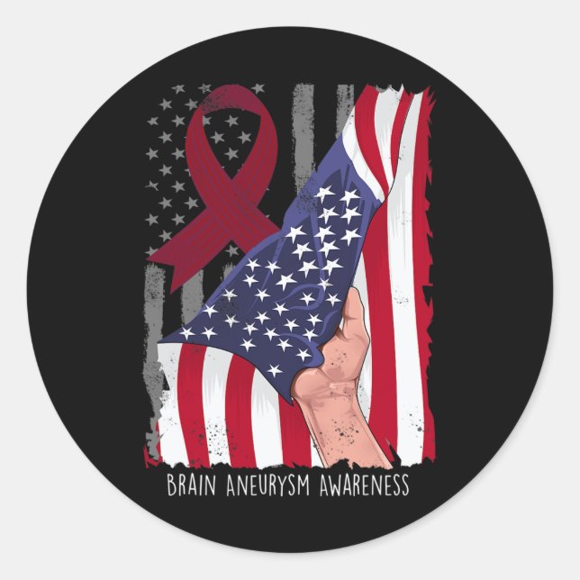 Brain Aneurysm Awareness American Flag Burgundy Ri Classic Round Sticker (Front)