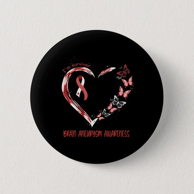 Brain Aneurysm Awareness I'm Survivor Heart Ribbon 6 Cm Round Badge (Front)