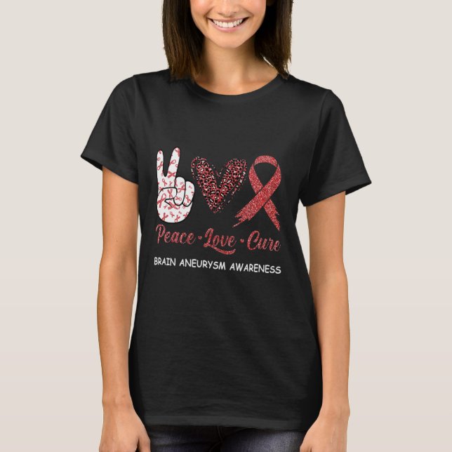 Brain Aneurysm Awareness Peace Love Cure Leopard 1 T-Shirt (Front)