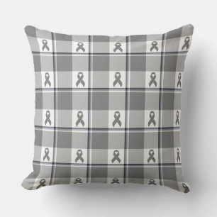 Brain Cancer Awareness Plaid Gray Ribbon Cushion