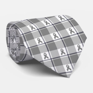 Brain Cancer Awareness Plaid Gray Ribbon Tie