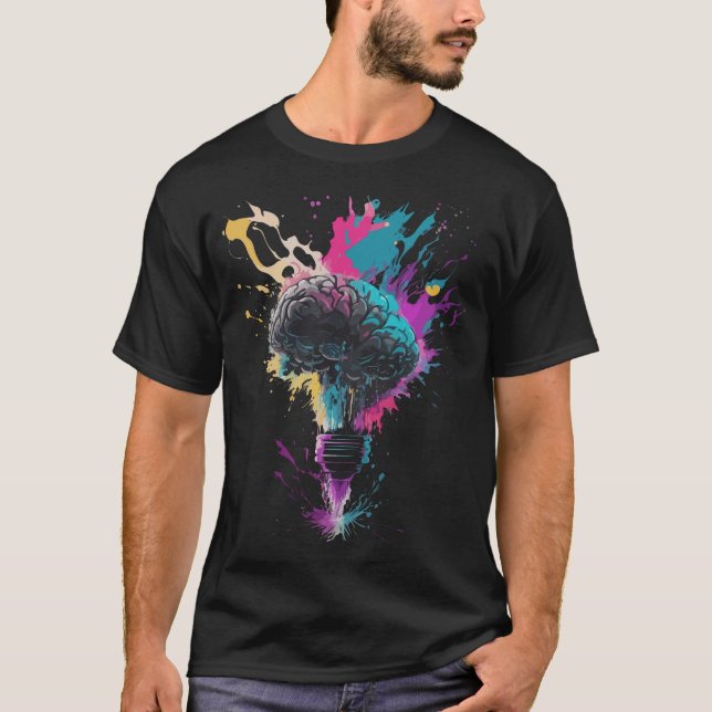 Brain Design With Colourful Bulb Explosion T-Shirt (Front)
