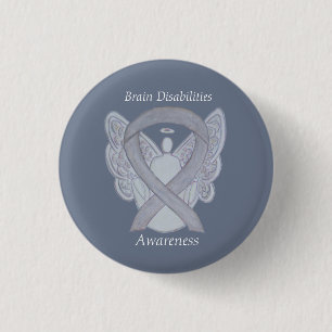 Brain Disabilities Silver Awareness Ribbon Angel 3 Cm Round Badge