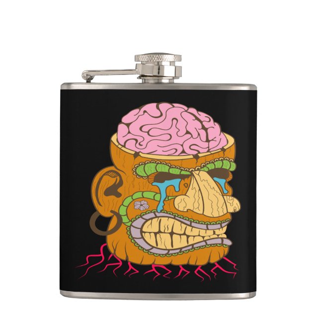 Brain Exposed Tiki Head, Funny Black Hip Flask (Front)