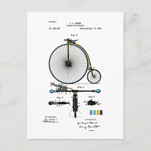 Brake For Bicycles - J. A. Hems Patent Coloured Postcard (Front)