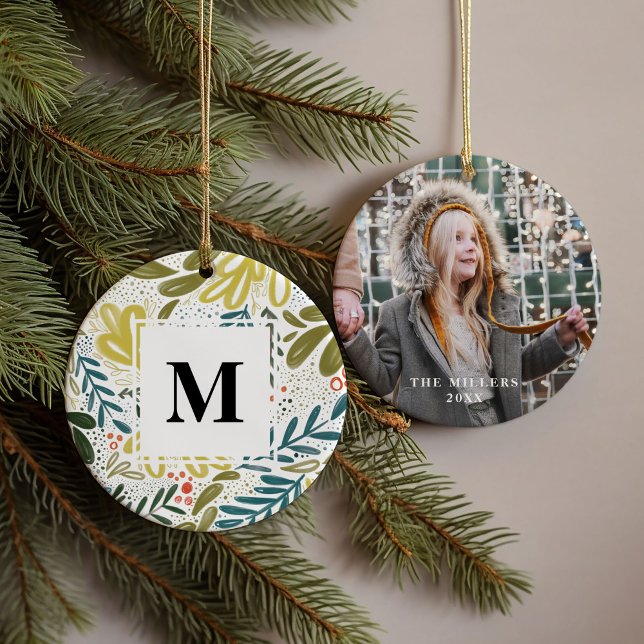 Bramble | Botanical Custom Monogram Photo Ceramic Tree Decoration (Watercolor botanical bramble family monogram photo ornament)