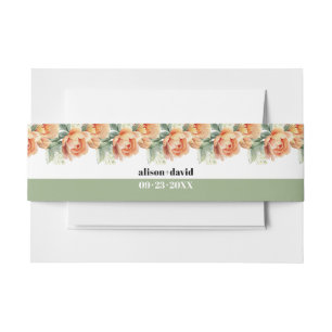 Brancη with peach rose flowers floral wedding invitation belly band