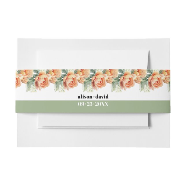 Brancη with peach rose flowers floral wedding invitation belly band (Front Example)