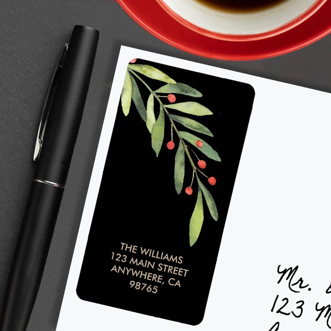 Branch and Berries Black Christmas Return Address Label (Creator Uploaded)