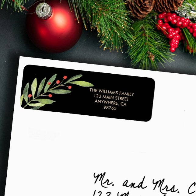 Branch and Berries Red Christmas Return Address (Branch and berries on black Christmas return address labels)
