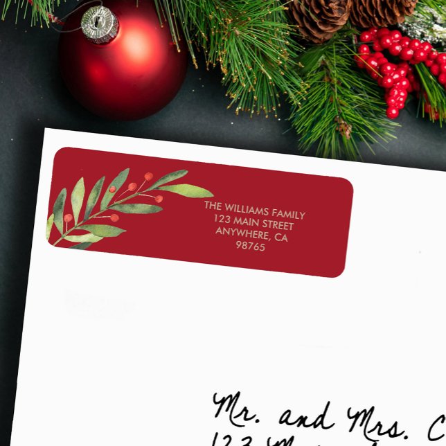 Branch and Berries Red Christmas Return Address (Branch and berries on red Christmas return address labels)