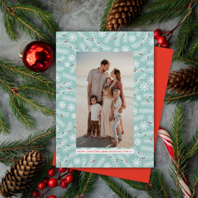 Branch and Snowflake Frame Holiday Christmas (a modern pattern of evergreen branches with berries and snowflakes frame one family photo)
