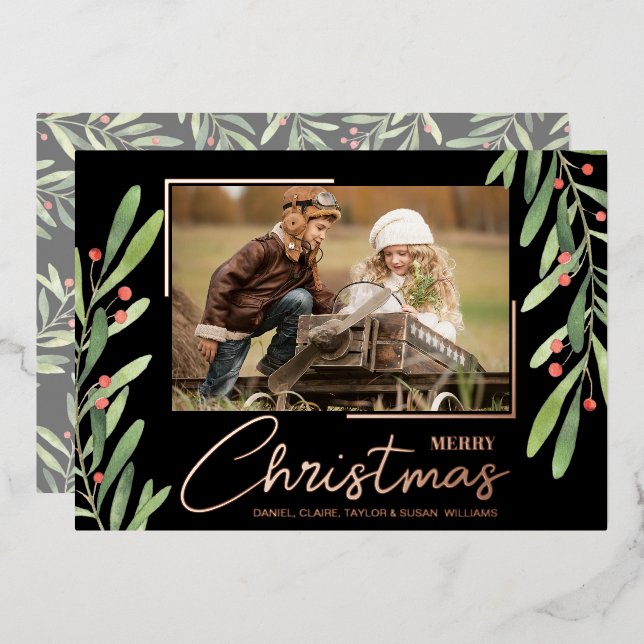 Branch Berries on Black Christmas Photo Rose Gold (Front/Back)