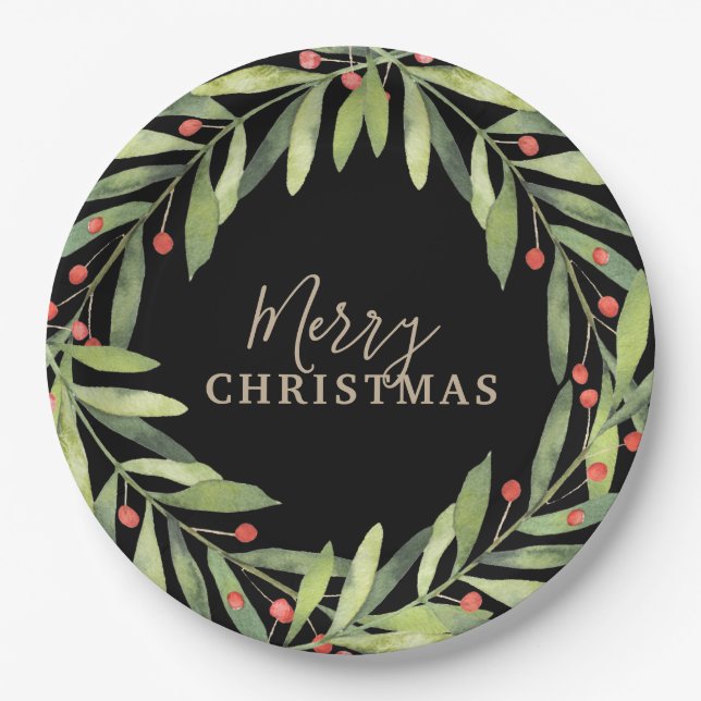 Branch Berries on Black Merry Christmas Paper Plate (Front)