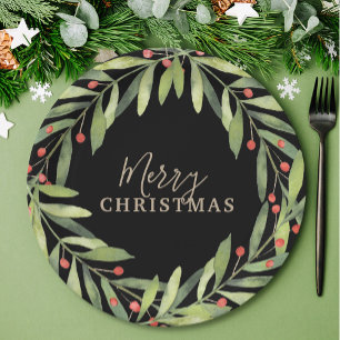 Branch Berries on Black Merry Christmas Paper Plate