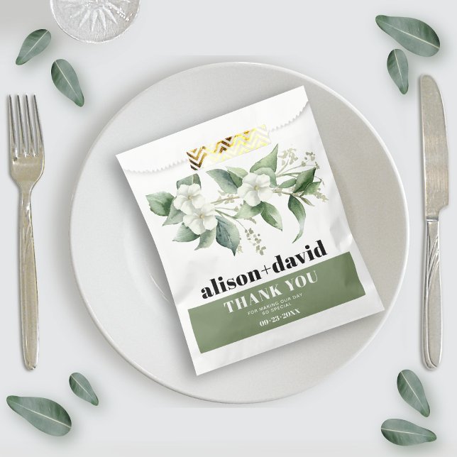 Branch, greenery white flowers typography wedding favour bags (Creator Uploaded)