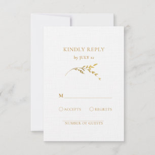Branch Minimalist White and Gold Leaves Wedding RSVP Card