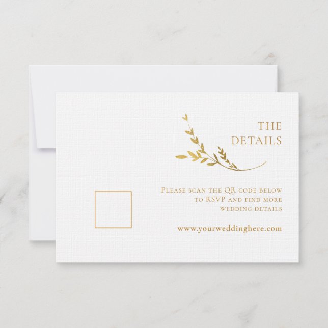 Branch Minimalist White and Gold Wedding Enclosure RSVP Card (Front)