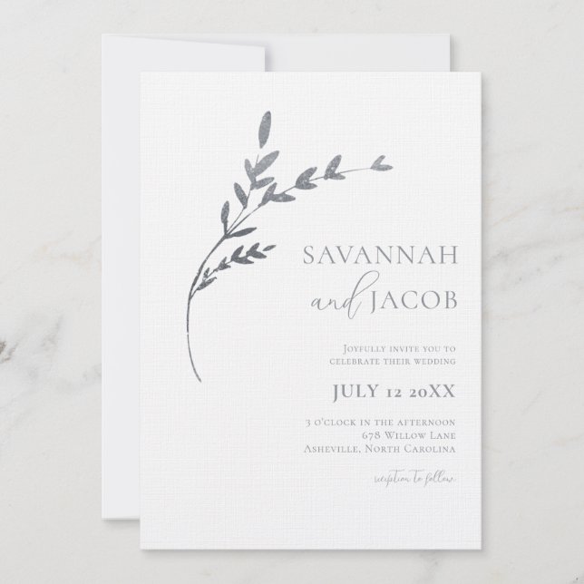 Branch Minimalist White & Silver Leaves Wedding  Invitation (Front)