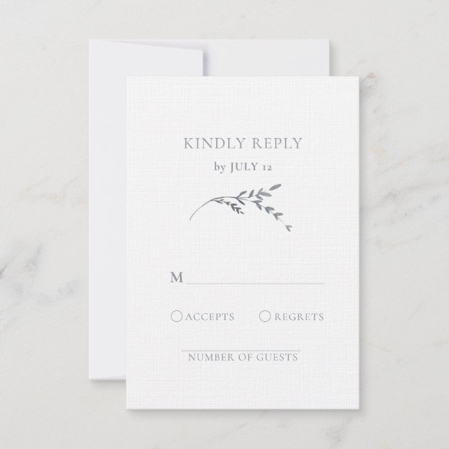 Branch Minimalist White & Silver Leaves Wedding  RSVP Card (Front)
