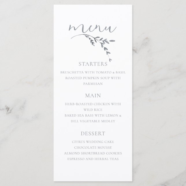 Branch Minimalist White & Silver Modern Wedding  Menu (Front)