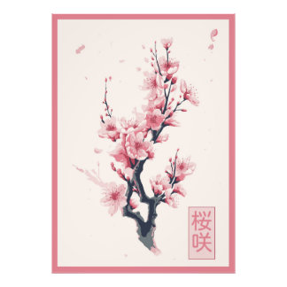 branch of Japanese cherry tree with sakura flowers Photo Print