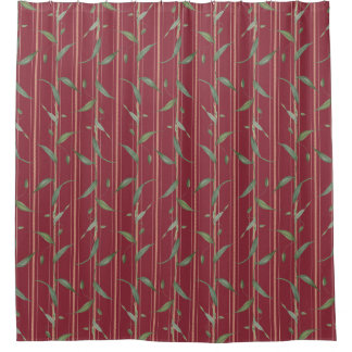 Branch of leaves on red wallpaper shower curtain