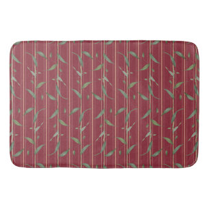 Branch of leaves on red wallpaper shower curtain bath mat