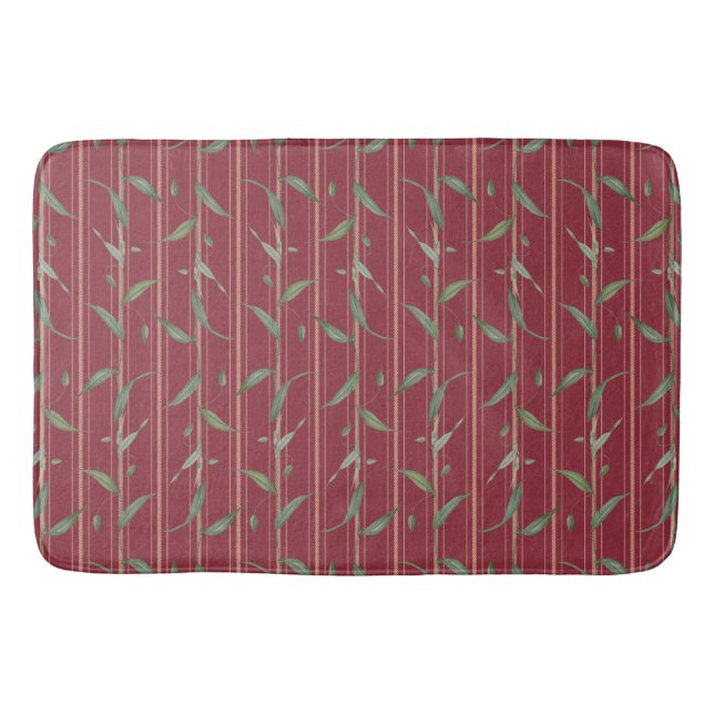 Branch of leaves on red wallpaper shower curtain bath mat (Front)