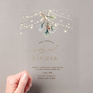 Branch Pinecone Lights Winter Rehearsal Dinner Acrylic Invitations