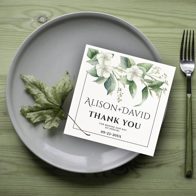 Branch, white flowers greenery typography wedding napkin (Creator Uploaded)