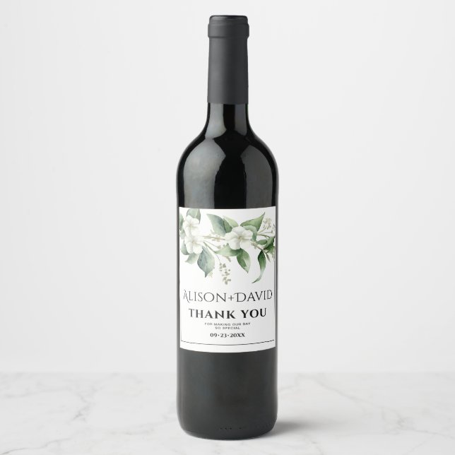Branch, white flowers greenery typography wedding wine label (Front)