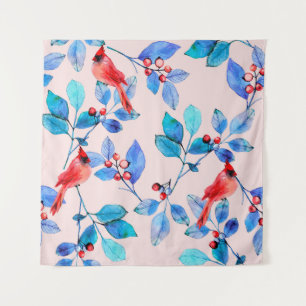 Branch with berries and birds watercolor illustrat tapestry